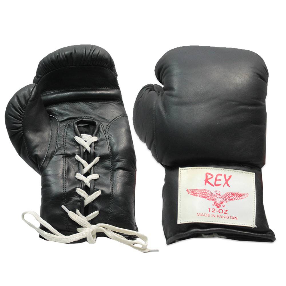 REX 401 12BK Black Leather 12 Oz Lace up Boxing Gloves