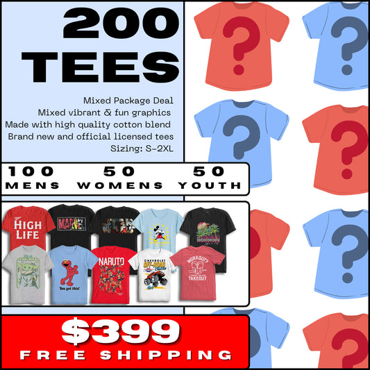 200 PCS Graphic Tee Mixed Styles Package Deal with Free Shipping