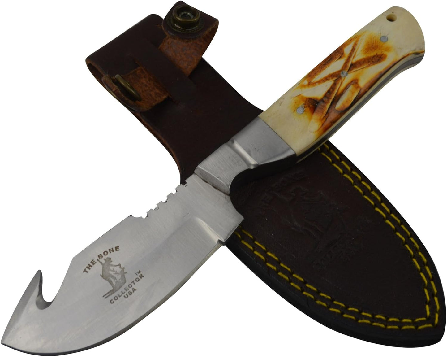 BC 804 7.5" Bone Collector Gut Hook Blade Skinning Hunting Knife with Leather Sheath