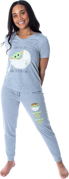 Women's Star Wars The Mandalorian Baby Yoda Wake Up Face Shirt and Jogger Pants 2 Piece Loungewear Pajama Set