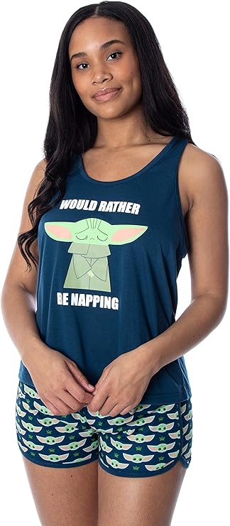 Women's Star Wars The Mandalorian Baby Yoda Rather Be Napping Racerback Tank and Shorts Loungewear Pajama Set