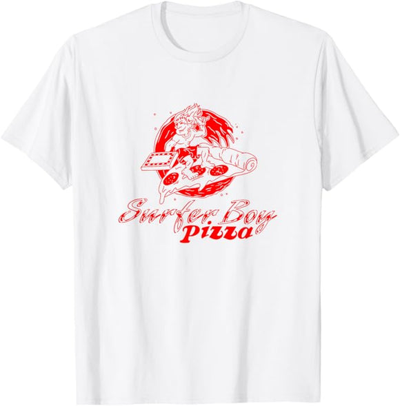Men's White Stranger Things Surfer Boy Pizza Graphic Tee T-Shirt