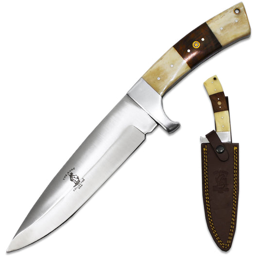 BC 882-WRW 12" Bone Collector White Bovine & Rosewood Handle Hunting Knife with Leather Sheath