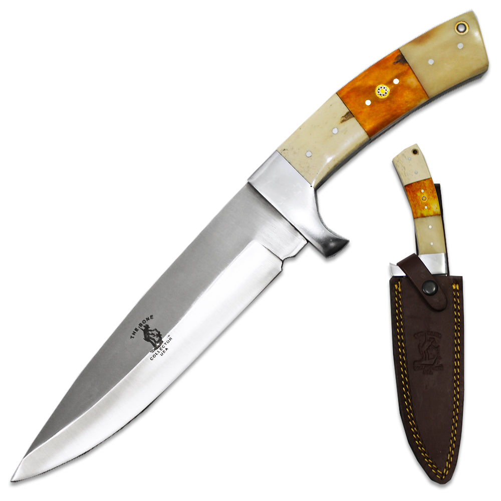 BC 882-WYW 12" Bone Collector White & Yellow Bovine Handle Hunting Knife with Leather Sheath