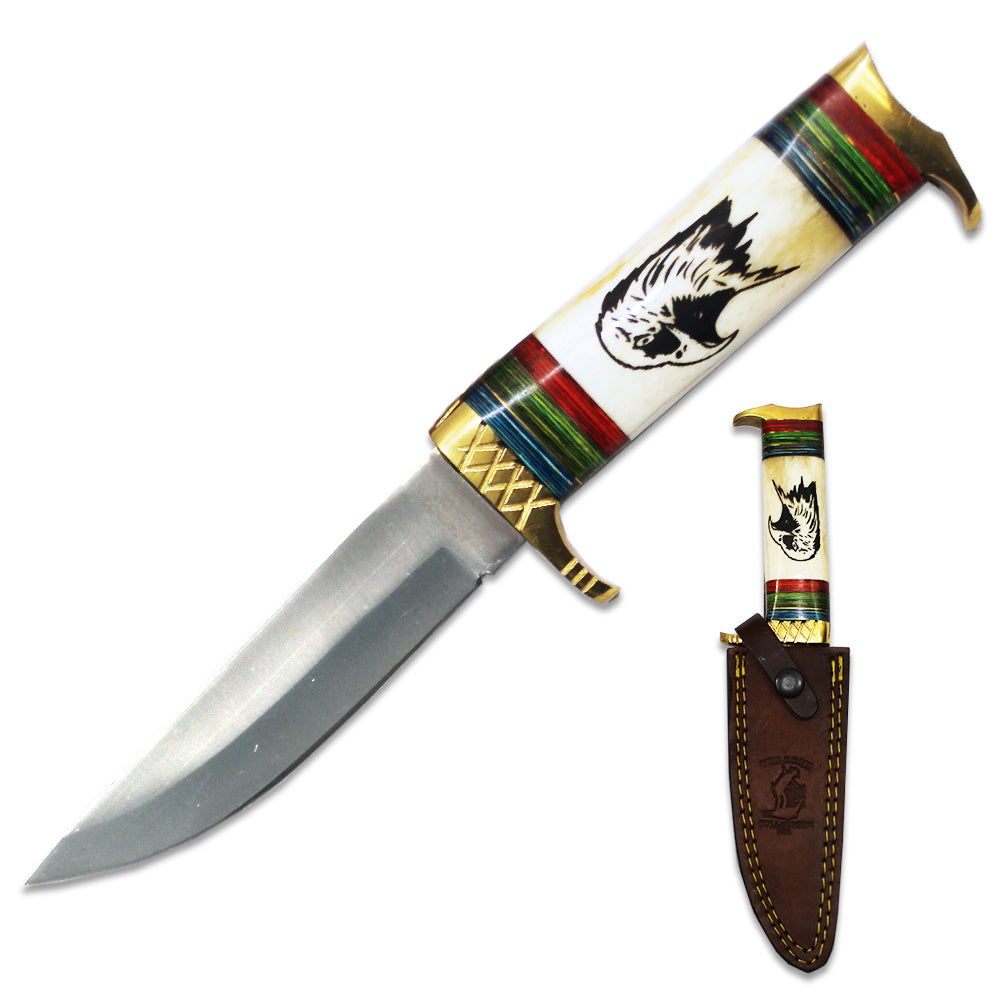 BC 888-EA 10.5" Bone Collector Eagle Design Bovine & Brass Hunting Knife with Leather Sheath