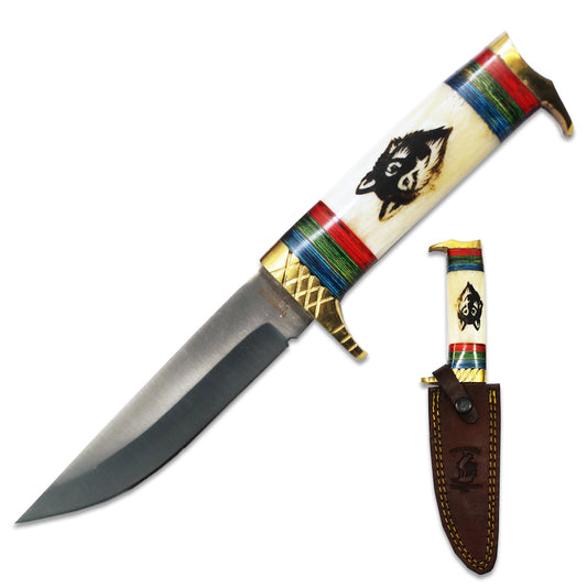 BC 888-WF 10.5" Bone Collector Wolf Design Bovine & Brass Hunting Knife with Leather Sheath