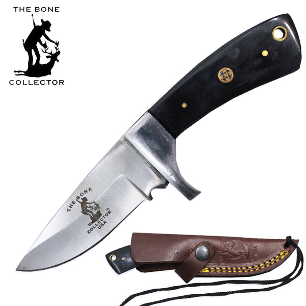 BC 881-BKBN 6.5" Black Bone Collector Bovine Handle Skinner Knife with Rope Leather Sheath & Lanyard