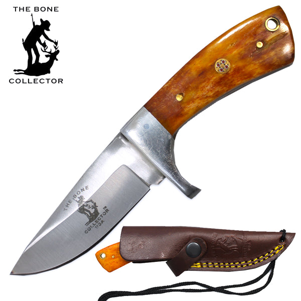 BC 881-YBN  6.5" Yellow Bone Collector Bovine Handle Skinner Knife with Rope Leather Sheath & Lanyard