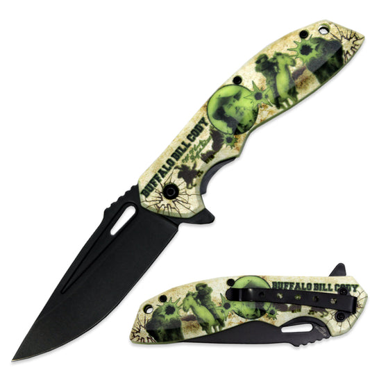 BF 1877-BB 4.75" Glow In The Dark Buffalo Bill Cody Assist-Open Folding Knife with Belt Clip