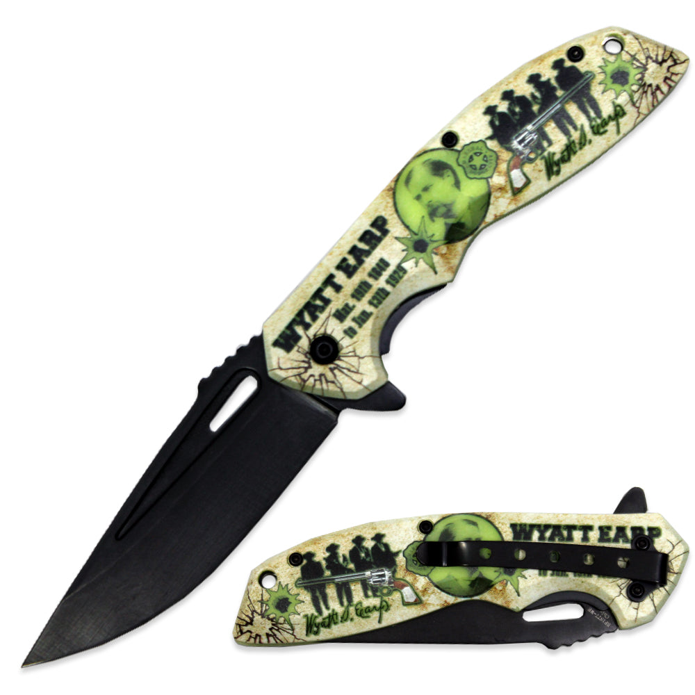 BF 1877-WE 4.75" Glow In The Dark Wyatt Earp Assist-Open Folding Knife with Belt Clip