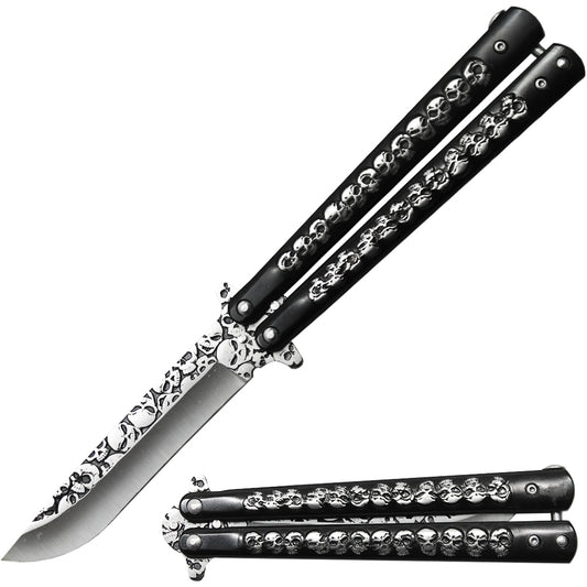 BF 1702-BK 5" Black Skull Metal Handle Dull Blade Butterfly Trainer