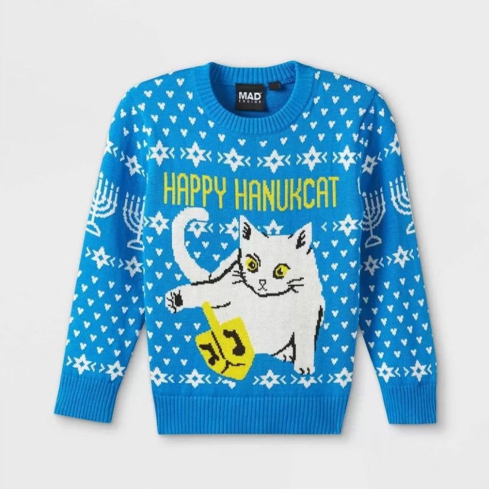 Infant Toddlers Boys Girls Blue Happy Hanukkah Cat Hanukcat Ugly Sweater Pullover