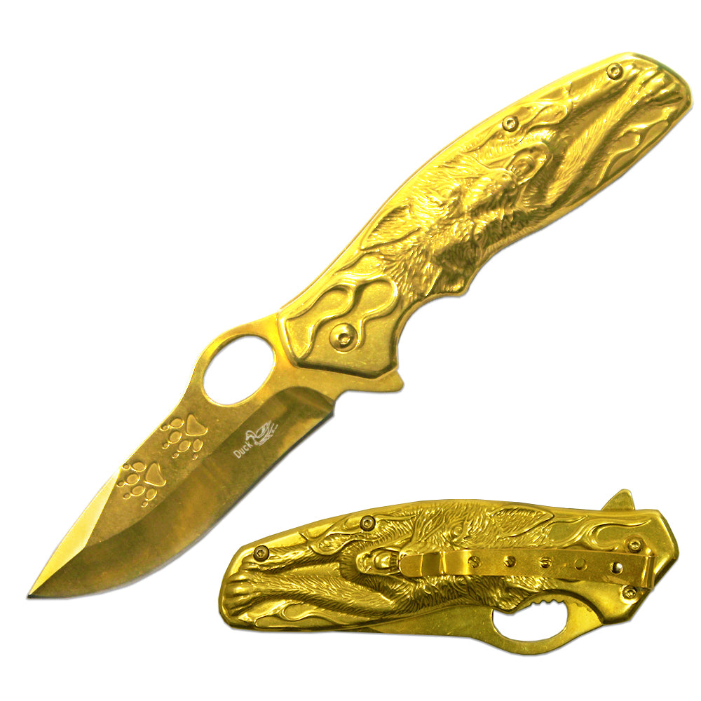 DK 5583-GD 4.5" Heavy Duty Gold Wolf Metal Handle Folding Knife with Belt Clip - Rex Distributor, Inc. Wholesale Licensed Products and T-shirts, Sporting goods,