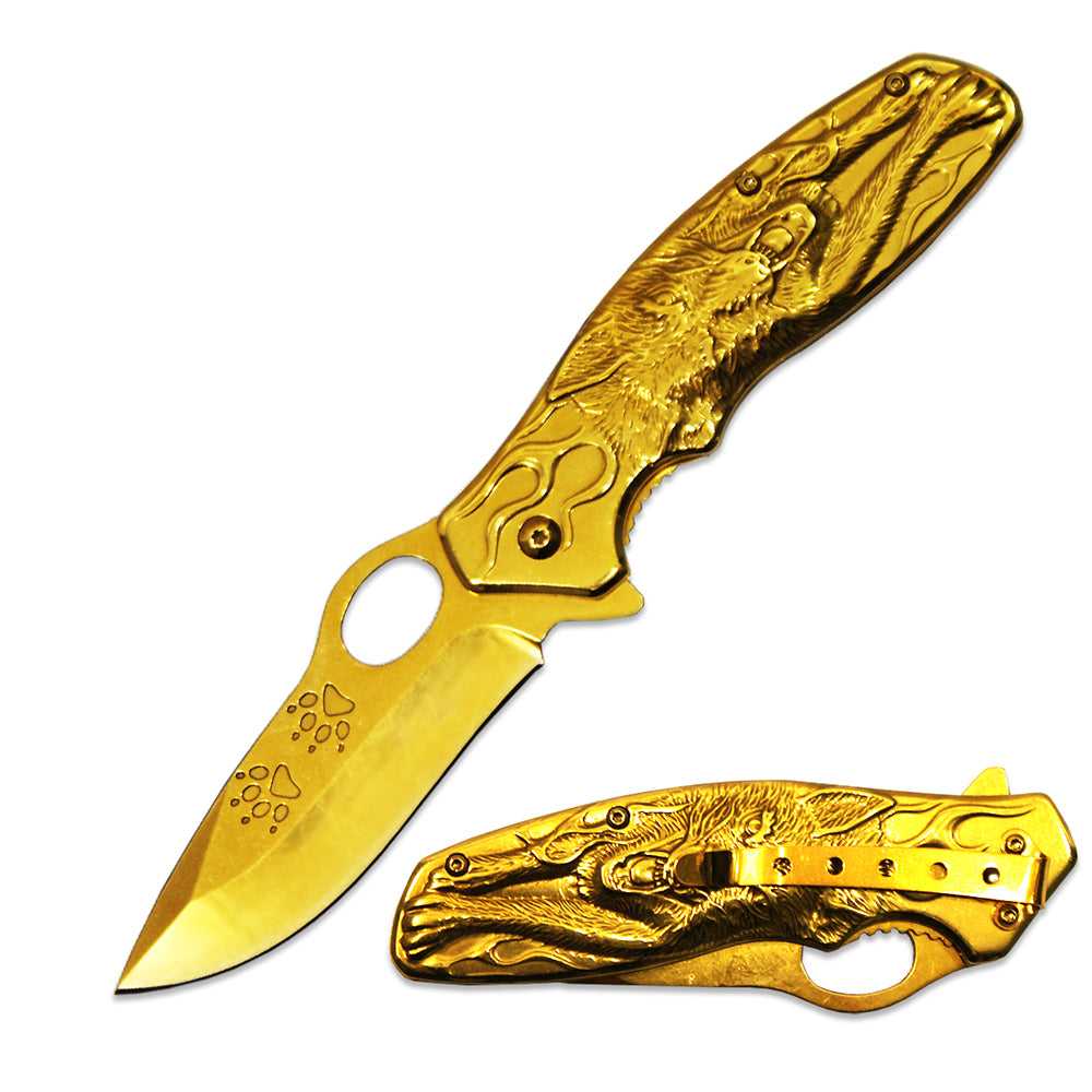 DK 5583-GD 4.75" Heavy Duty Gold Wolf Metal Handle Folding Knife with Belt Clip