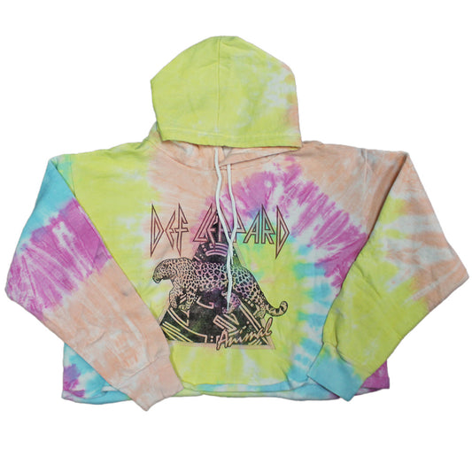 Women Junior's Tie Dye Def Leppard Animal Graphic Crop Hoodie