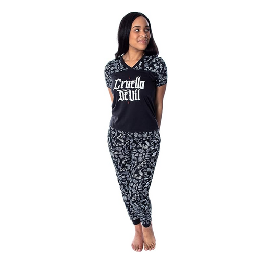 Women's Disney Villains Cruella De Vil 2 Piece Shirt And Pants Jogger Style Pajama Set