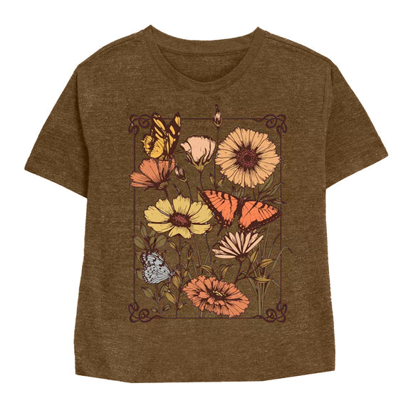 Women Junior's Brown Floral Graphic Crop Top T-Shirt
