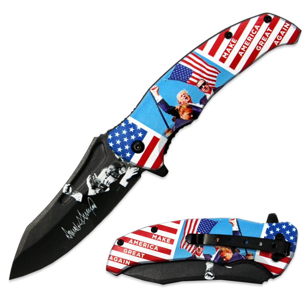 JK 6418-T9 4.5" Trump Flag Double Sided Print Assist-Open Folding Knife with Pocket Clip - Rex Distributor, Inc. Wholesale Licensed Products and T-shirts, Sporting goods,