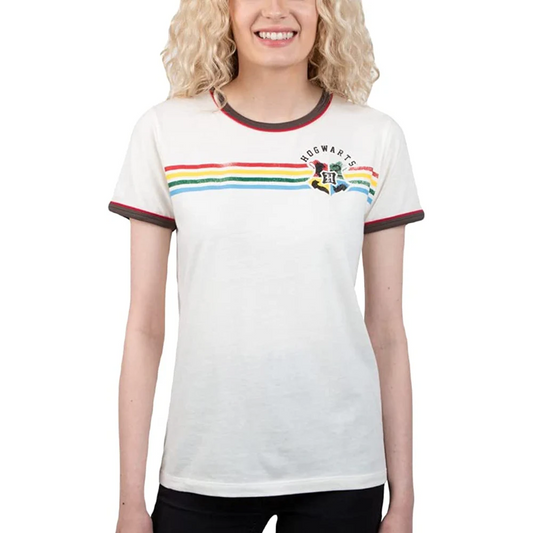 Juniors' Harry Potter Hogwarts Rainbow Stripe Ringer T-Shirt Tee