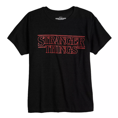 Women Juniors' Black Stranger Things Red Logo Graphic Tee T-Shirt