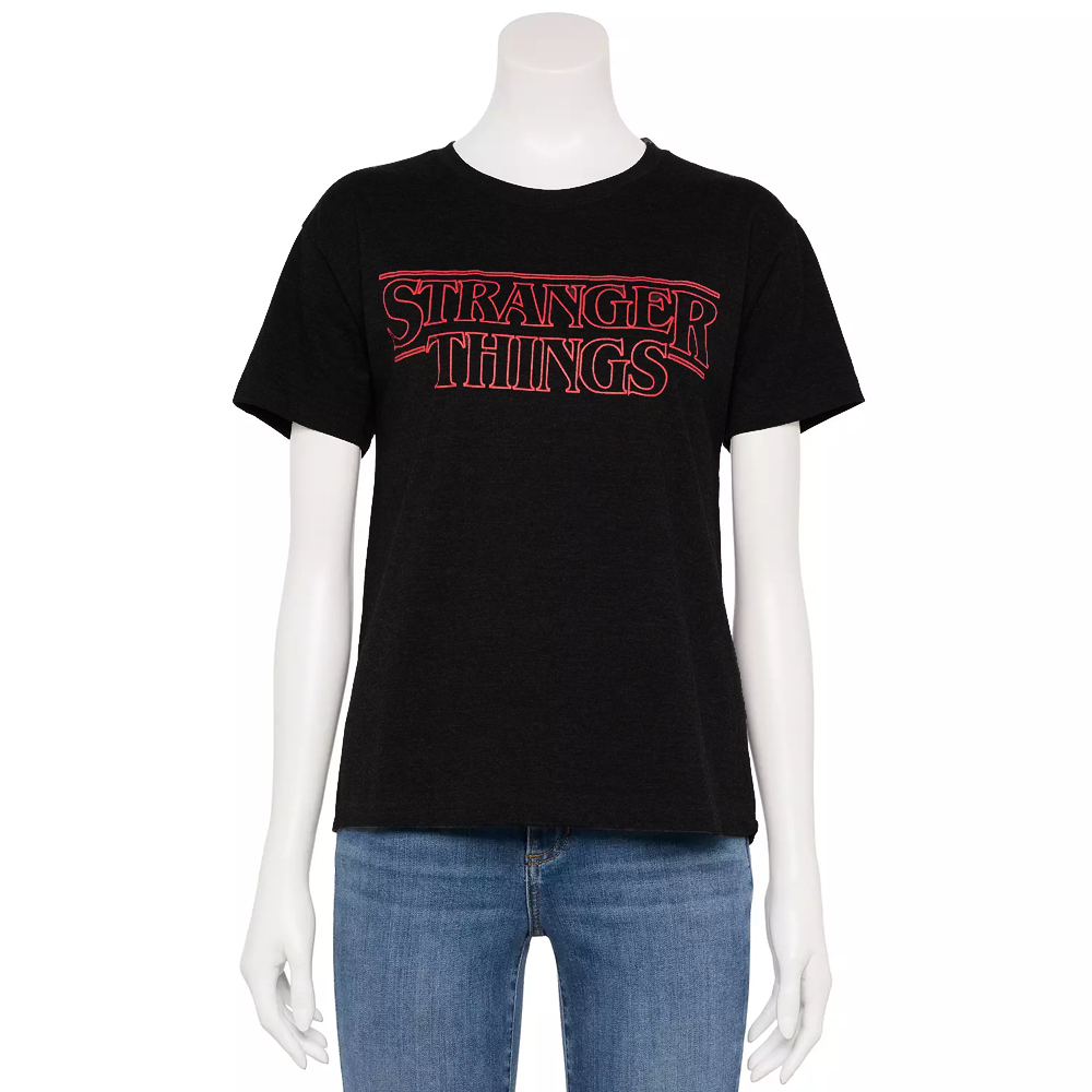 Women Juniors' Black Stranger Things Red Logo Graphic Tee T-Shirt