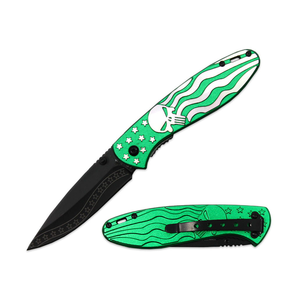 KN 1811-GN 4.25" Green Skull Assist-Open Folding Knife with Belt Clip