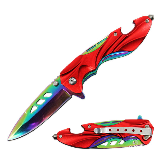 KN 1849-RD 4.5" Red Metal Handle Assist-Open Folding Knife with Bottle Opener & Glass Breaker