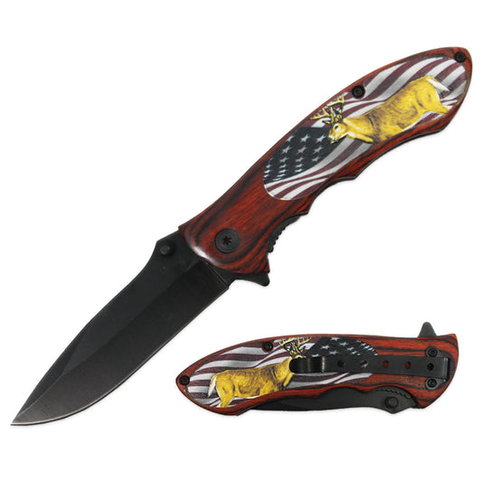 KN 1911-USD 4.5" USA Flag Wildlife Deer Assist-Open Folding Knife with Belt Clip