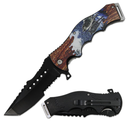 KN 1988-W 4.5" Wood Wild Life Wolf Assist-Open Folding Knife