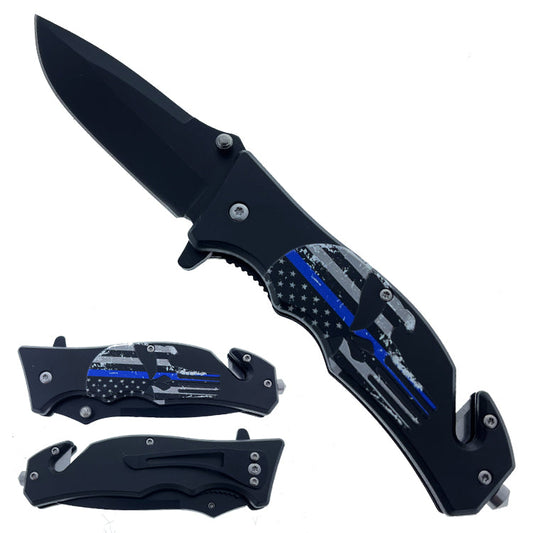 KS 1937-3 4.5" Blue Stripe Skull Handle Assist-Open Tactical Folding Knife