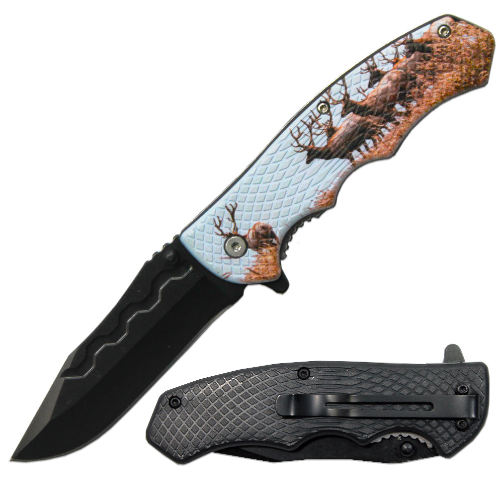 LQ 3279-DE 4.5" Textured Deer Handle Assist-Open Folding Knife with Belt Clip - Rex Distributor, Inc. Wholesale Licensed Products and T-shirts, Sporting goods,