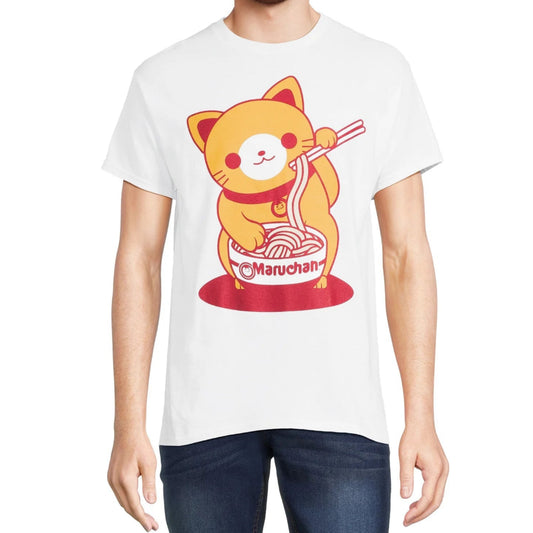 Men's White Maruchan Ramen Cat Graphic Tee T-Shirt