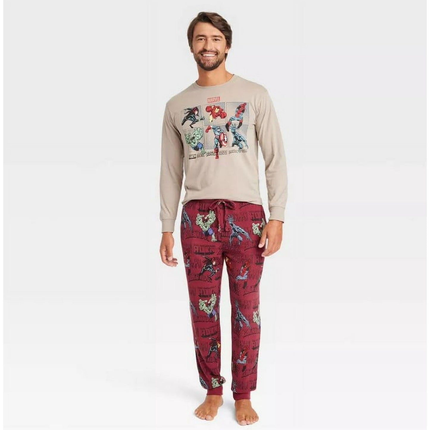 Men's Marvel Long Sleeve Sweater Knit Pajama Set - Dark Red/Tan