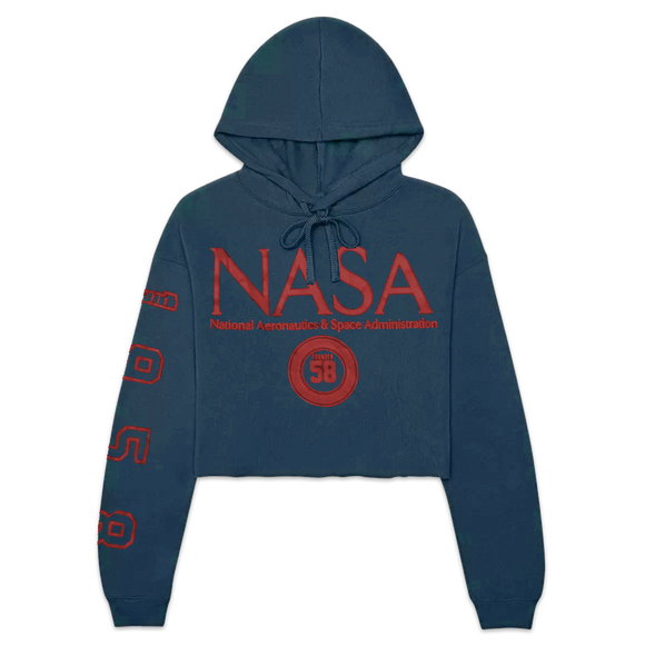 Women Junior's NASA Founded 1958 Blue Cropped Pullover Hoodie