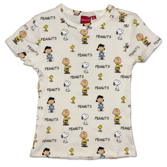 Women Junior's Cream Ribbed Peanuts Characters T-Shirt
