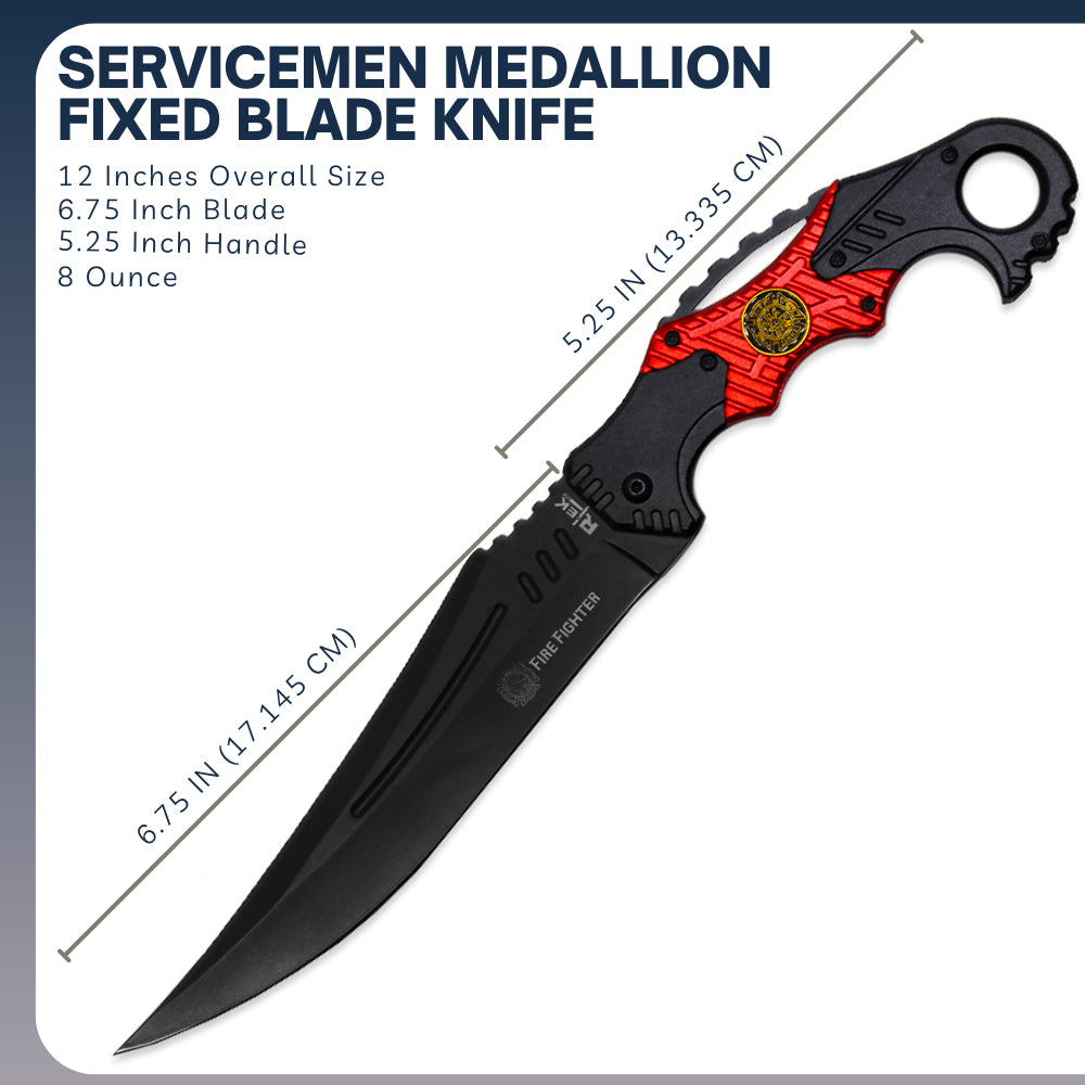 RT 1492-FF 12" Firefighter Servicemen Medallion Fixed Blade Knife with Sheath