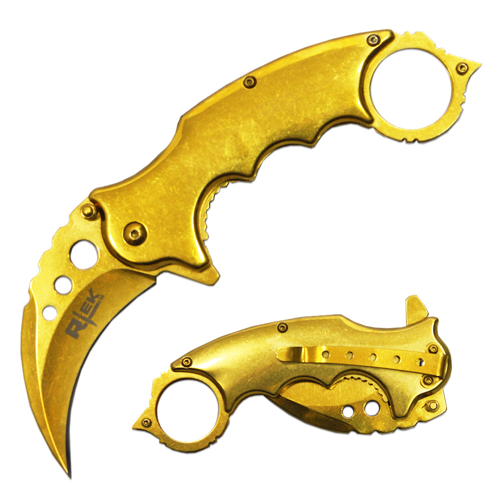 RT 1027-GD3 4.75" Heavy Duty Gold Metal Handle Assist-Open Karambit with Glassbreaker and Belt Clip - Rex Distributor, Inc. Wholesale Licensed Products and T-shirts, Sporting goods,