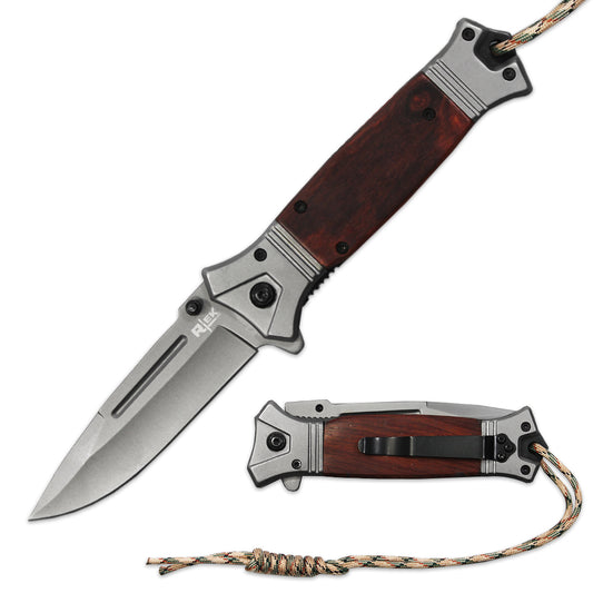 RT 2841-WD 5" Spanish Wood Handle Assist Open Folding Knife with Paracord