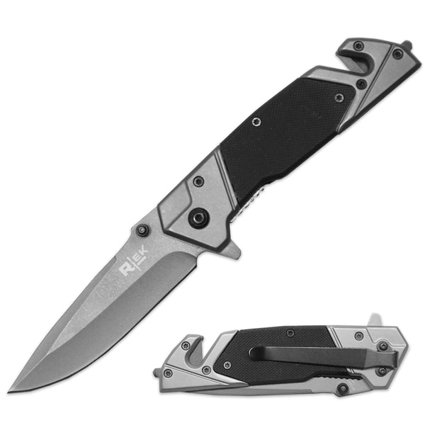 RT 2941-BK 4.75" Black G-10 Handle Assist Open Folding Knife with Belt Cutter & Glass Breaker