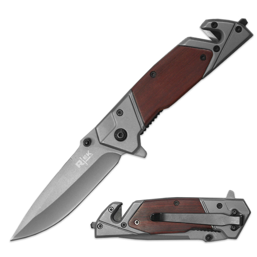 RT 2941-WD 4.75" Wood Handle Assist Open Folding Knife with Belt Cutter & Glass Breaker - Rex Distributor, Inc. Wholesale Licensed Products and T-shirts, Sporting goods,