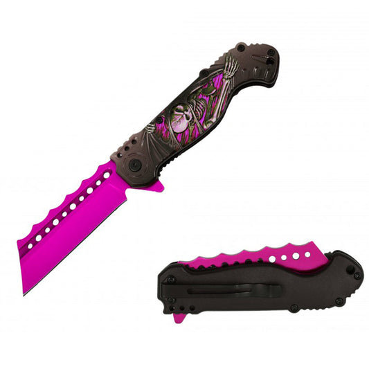 RT 7138-PK 4.5" Pink Skeleton 3D Handle Cleaver Blade Assist-Open Folding Knife with Belt Clip