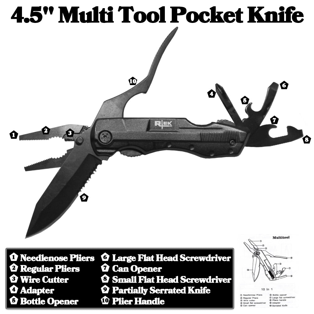 RT 8219 Rtek 4.5" Multi Tool Pocket Knife with Pliers Bottle Opener Screwdrivers & Sheath - Rex Distributor, Inc. Wholesale Licensed Products and T-shirts, Sporting goods,