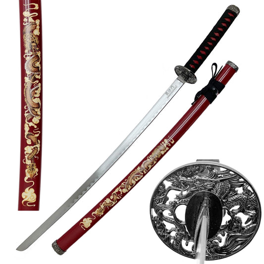 SWSA 124BD-DGS 39.5" Samurai Sword with Burgandy Dragon Printing Scabbard - Rex Distributor, Inc. Wholesale Licensed Products and T-shirts, Sporting goods,