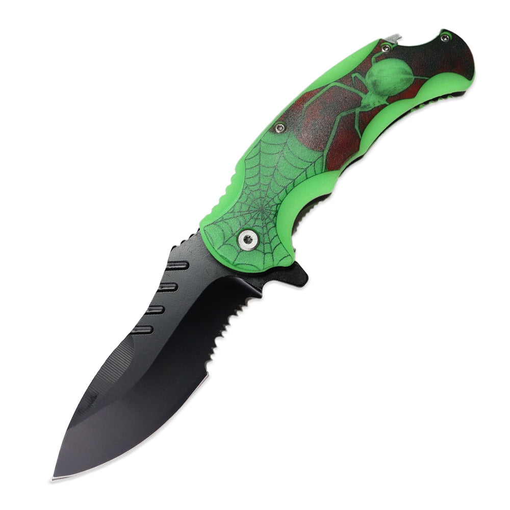 SH 14258-SW 4.5" Glow In The Dark Spider Web Assist-Open Folding Knife with Bottle Opener