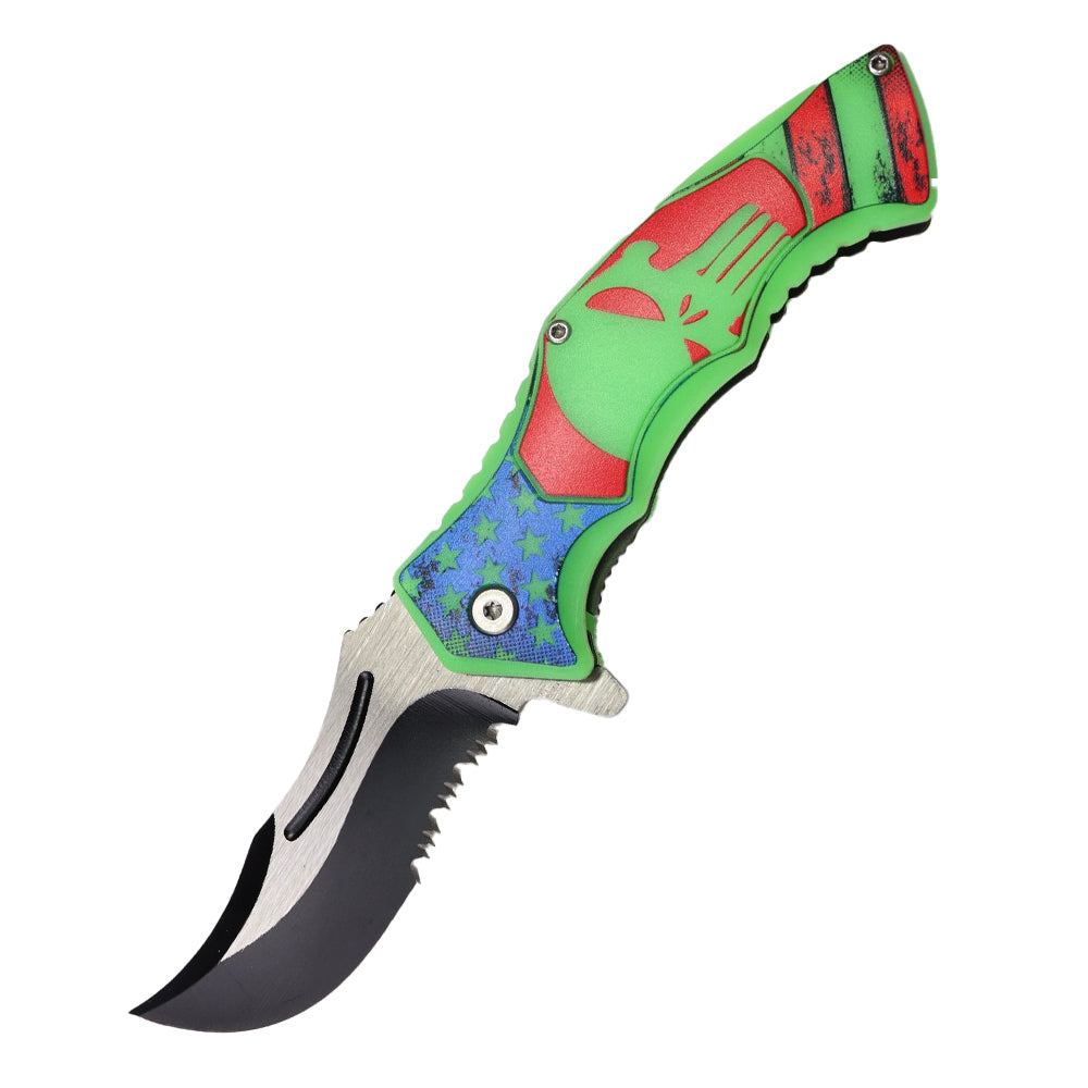 SH 14265-WS 4.5" Glow In The Dark USA Skull Assist-Open Folding Knife with Belt Clip