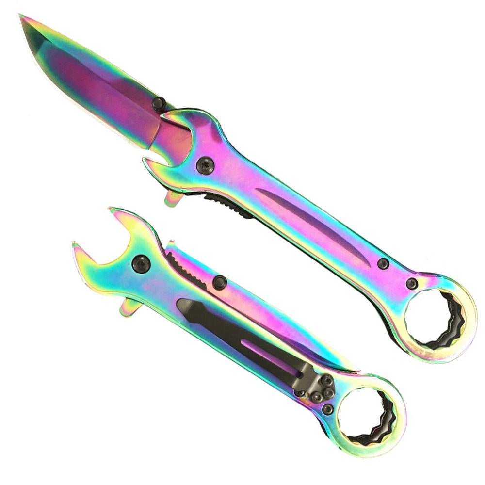 WRK 2712-RB 5" Rainbow Fade Wrench-Shaped Spring Assist-Open Folding Knife - Rex Distributor, Inc. Wholesale Licensed Products and T-shirts, Sporting goods,