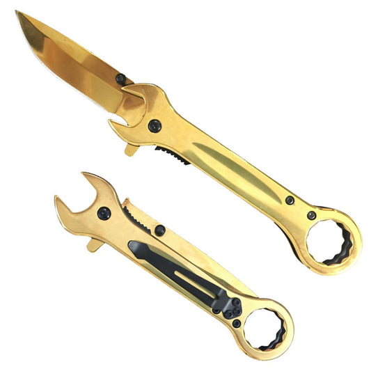 WRK 2712-GD 5" Gold Wrench-Shaped Assist-Open Folding Knife - Rex Distributor, Inc. Wholesale Licensed Products and T-shirts, Sporting goods,