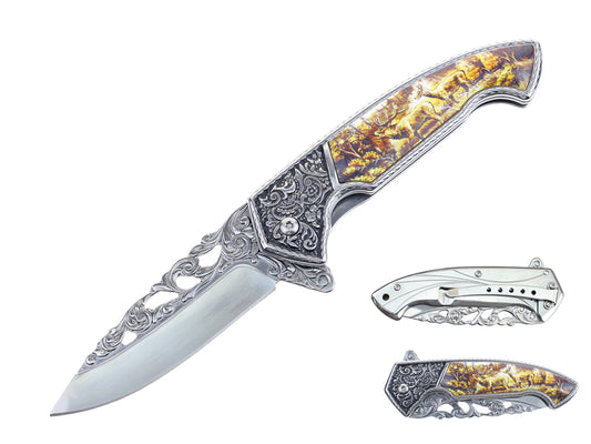 T 27801-DR 5" Deer Eteched Design Assist-Open Folding Knife