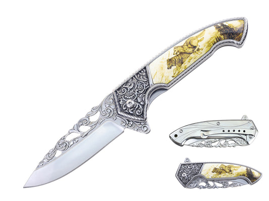 T 27801-WF  5" Wolf Eteched Design Assist-Open Folding Knife