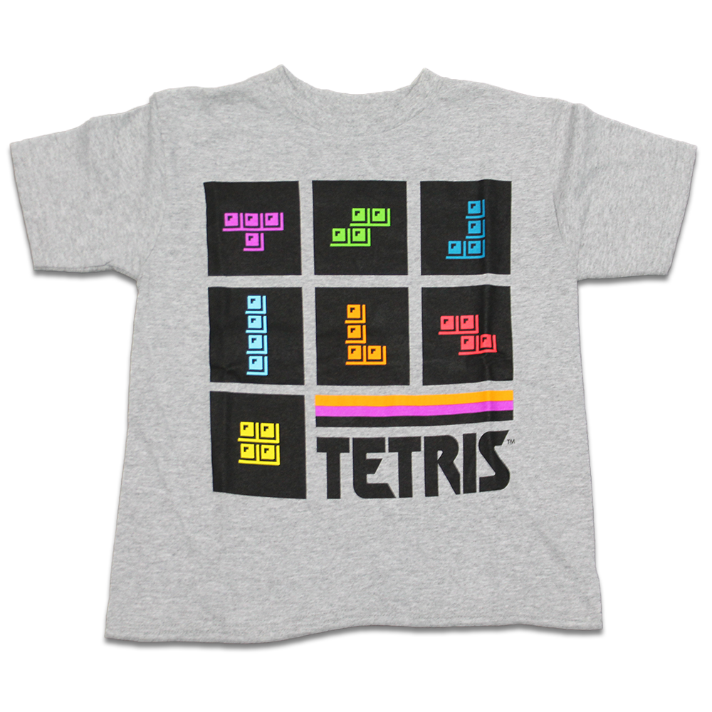 Boy's Grey Heather Tetris Retro Graphic T-Shirt Tee